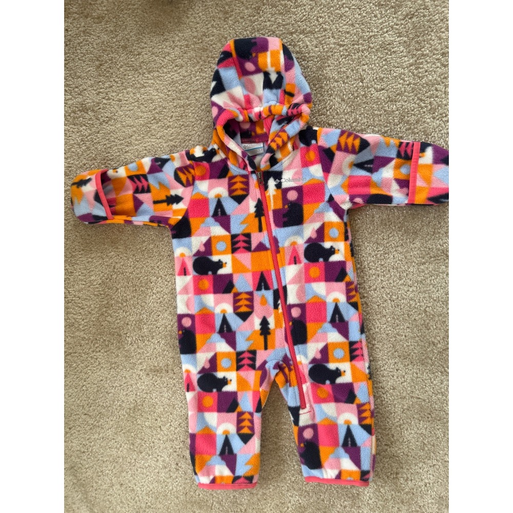 Columbia Infant Fleece Bunting Pink Orange Geometric Bear Print Hooded Suit 3-6M